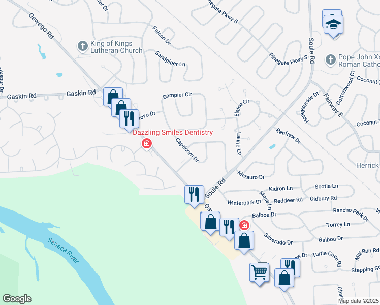 map of restaurants, bars, coffee shops, grocery stores, and more near 8181 Capricorn Drive in Liverpool