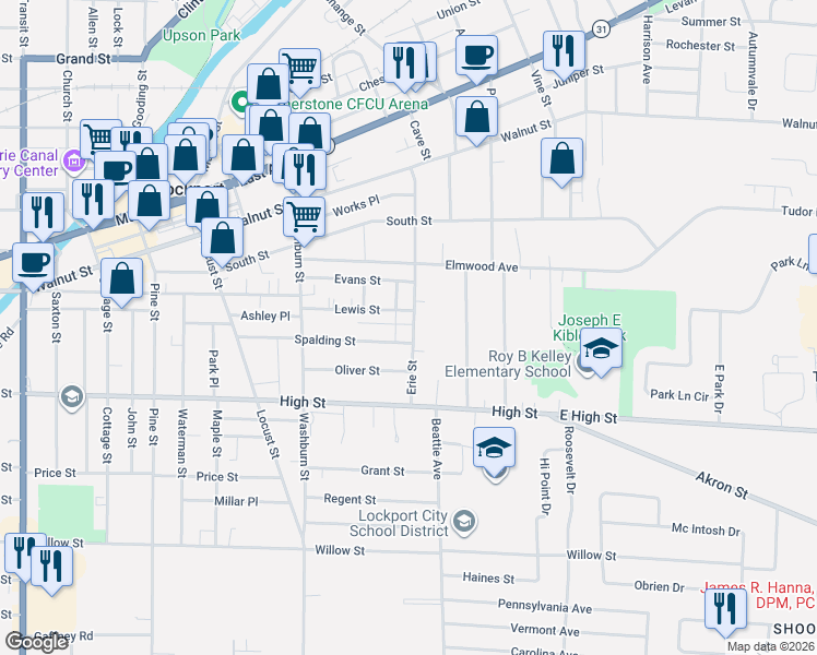 map of restaurants, bars, coffee shops, grocery stores, and more near 152 Erie Street in Lockport