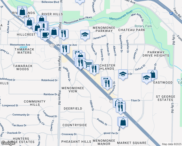 map of restaurants, bars, coffee shops, grocery stores, and more near N81W15070 Appleton Avenue in Menomonee Falls