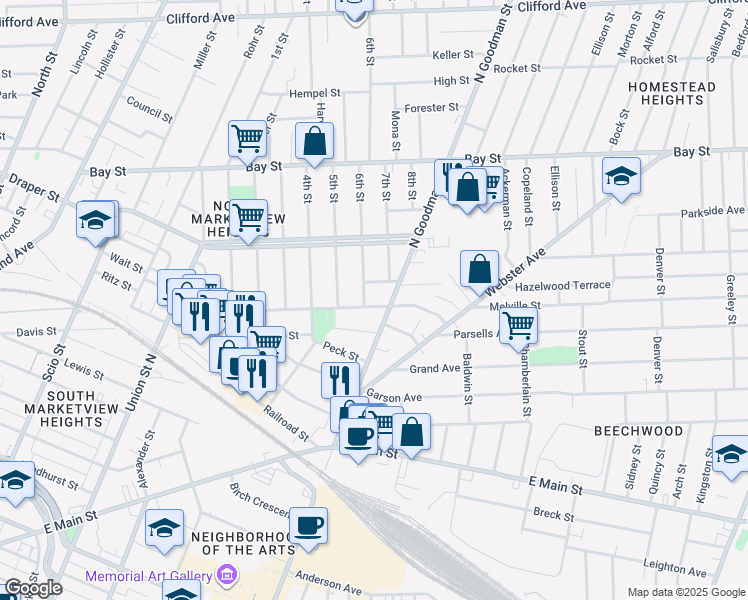 map of restaurants, bars, coffee shops, grocery stores, and more near 312 Pennsylvania Avenue in Rochester