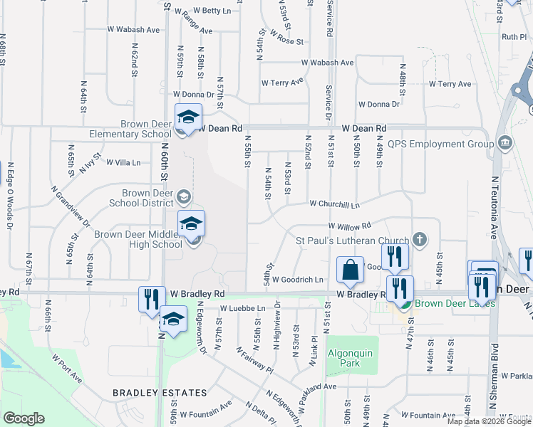 map of restaurants, bars, coffee shops, grocery stores, and more near 5320 West Churchill Lane in Brown Deer