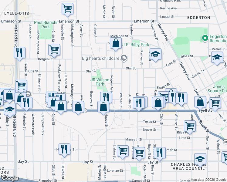 map of restaurants, bars, coffee shops, grocery stores, and more near 10 Rogers Avenue in Rochester