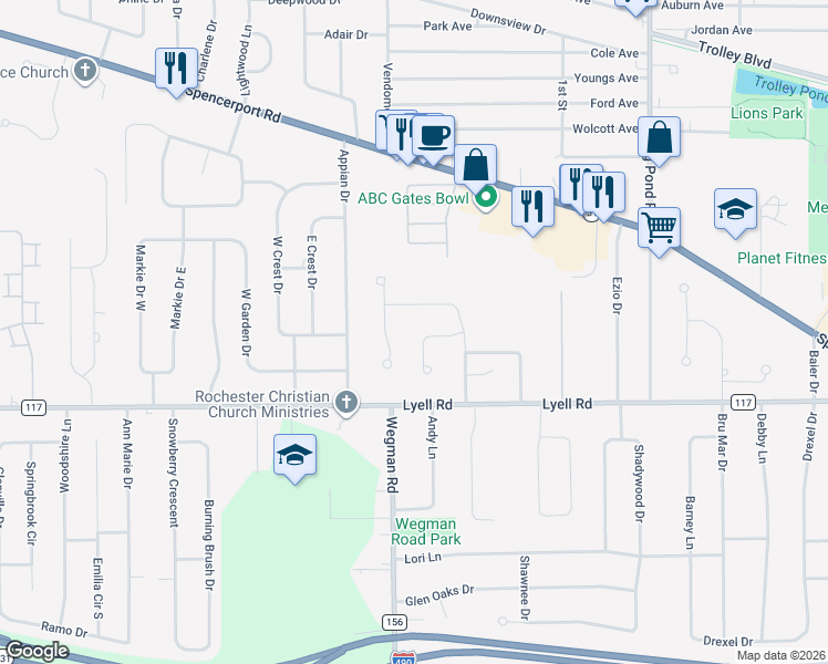 map of restaurants, bars, coffee shops, grocery stores, and more near 18 Charter Circle in Rochester