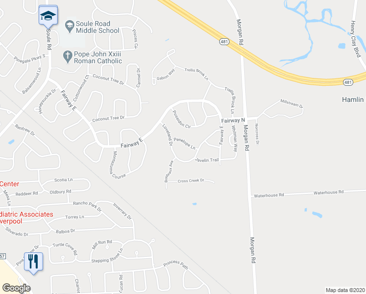 map of restaurants, bars, coffee shops, grocery stores, and more near 8205 Penelope Lane in Liverpool