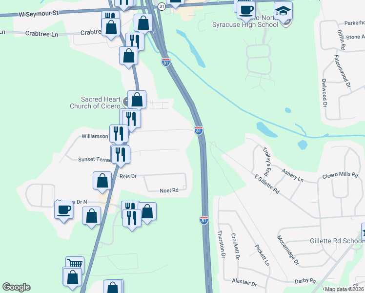 map of restaurants, bars, coffee shops, grocery stores, and more near 5891 Glendora Road in Cicero