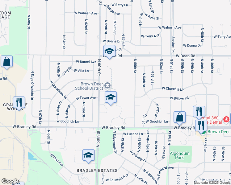 map of restaurants, bars, coffee shops, grocery stores, and more near in Brown Deer