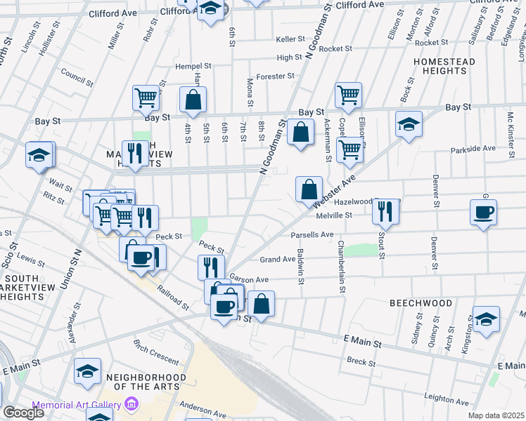 map of restaurants, bars, coffee shops, grocery stores, and more near 36 Ferndale Crescent in Rochester