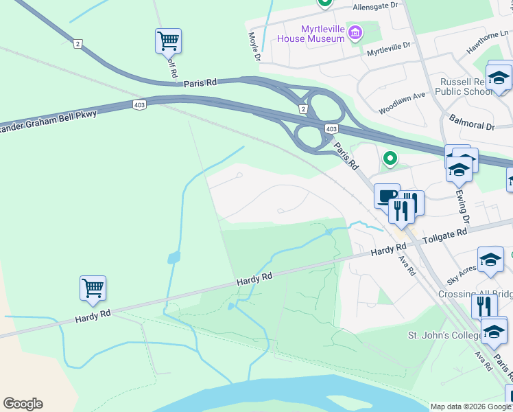 map of restaurants, bars, coffee shops, grocery stores, and more near 95 Saint Andrews Drive in Brantford