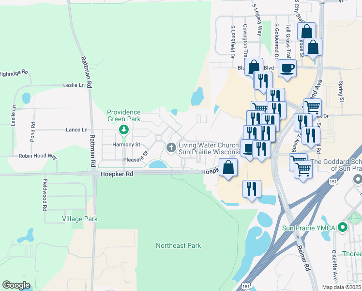 map of restaurants, bars, coffee shops, grocery stores, and more near 3061 Providence Street in Sun Prairie