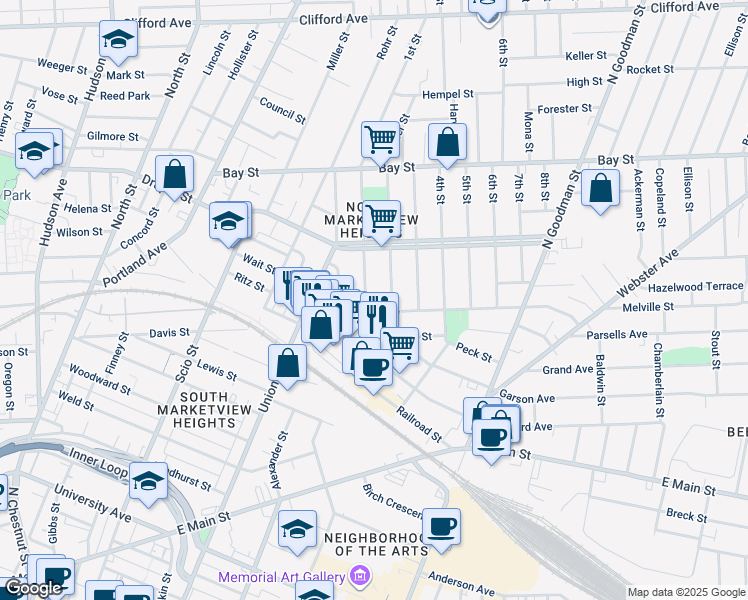 map of restaurants, bars, coffee shops, grocery stores, and more near 30 1st Street in Rochester