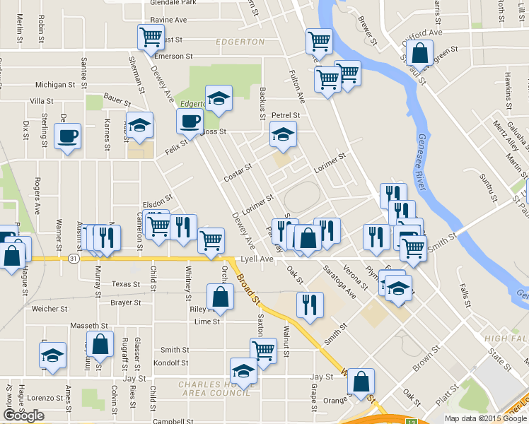 map of restaurants, bars, coffee shops, grocery stores, and more near 120 Parkway in Rochester