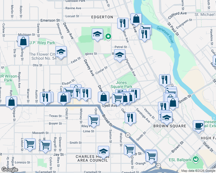 map of restaurants, bars, coffee shops, grocery stores, and more near 120 Parkway in Rochester