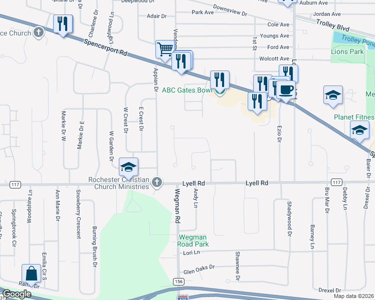 map of restaurants, bars, coffee shops, grocery stores, and more near 18 Charter Circle in Rochester