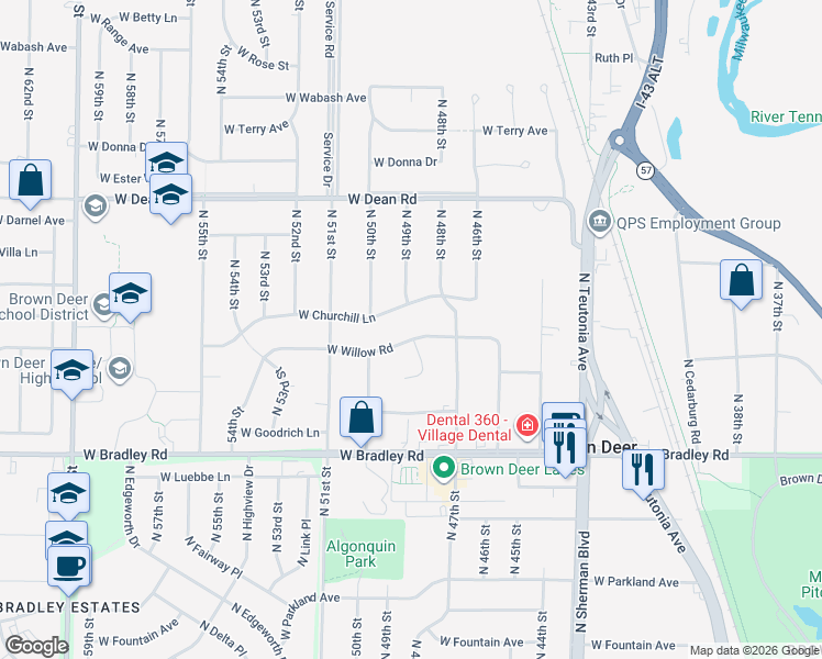 map of restaurants, bars, coffee shops, grocery stores, and more near 4921 West Churchill Lane in Brown Deer
