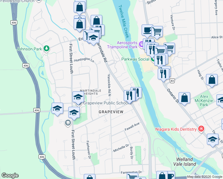 map of restaurants, bars, coffee shops, grocery stores, and more near 1051 Vansickle Road North in St. Catharines
