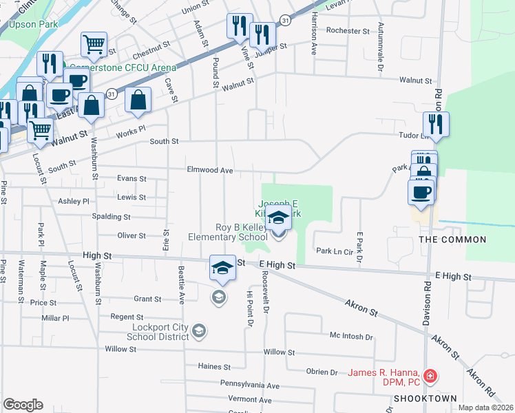 map of restaurants, bars, coffee shops, grocery stores, and more near 35 Reed Street in Lockport