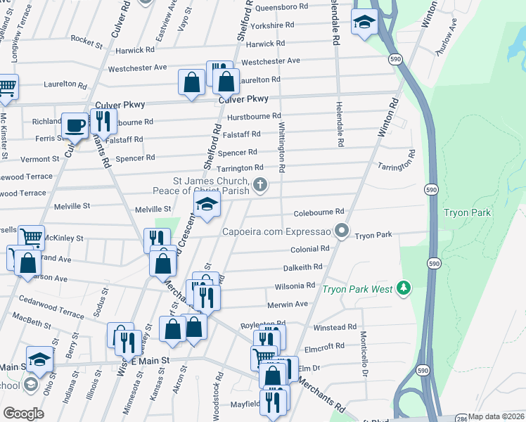 map of restaurants, bars, coffee shops, grocery stores, and more near 99 Whittington Road in Rochester
