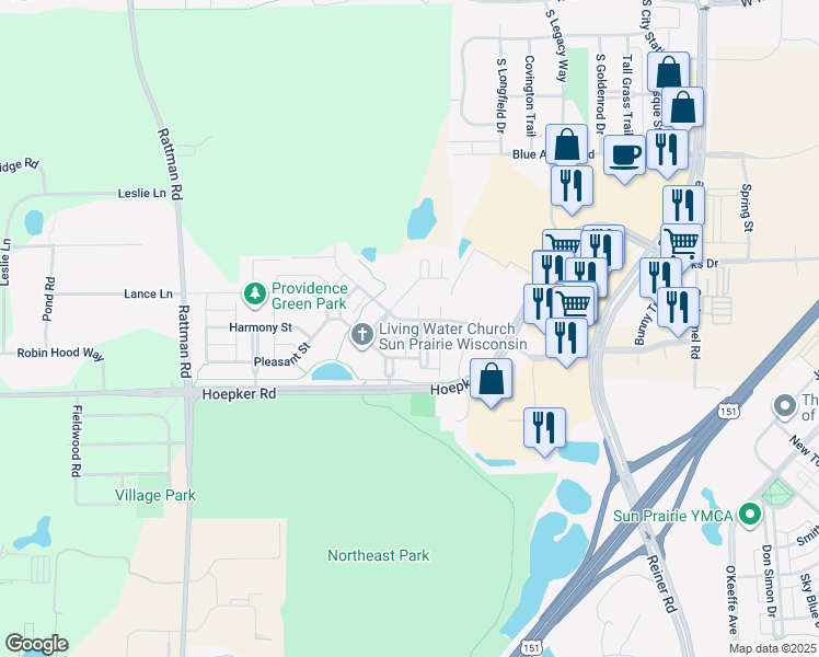 map of restaurants, bars, coffee shops, grocery stores, and more near 3025 Triumph Drive in Sun Prairie