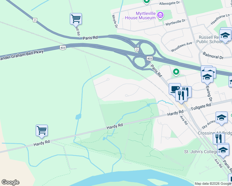 map of restaurants, bars, coffee shops, grocery stores, and more near 95 Saint Andrews Drive in Brantford
