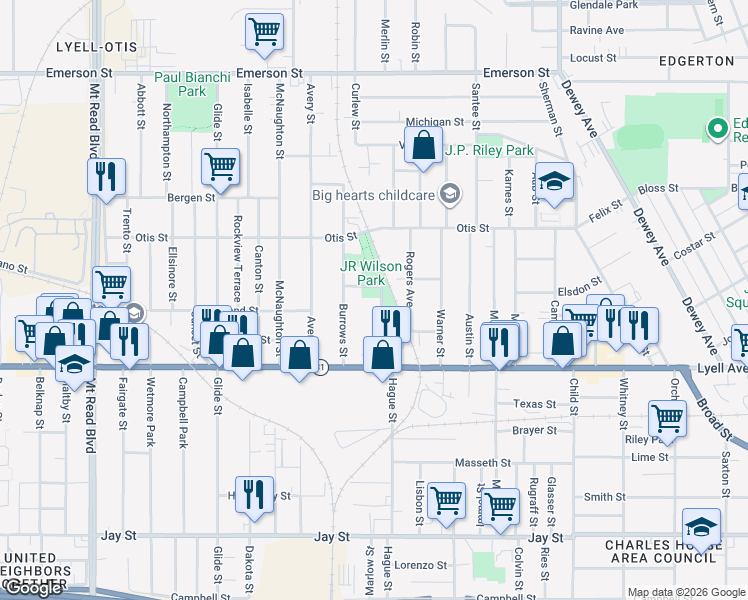 map of restaurants, bars, coffee shops, grocery stores, and more near 97 Rutter Street in Rochester
