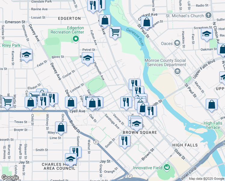 map of restaurants, bars, coffee shops, grocery stores, and more near 80 Ambrose Street in Rochester