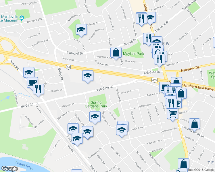map of restaurants, bars, coffee shops, grocery stores, and more near 88 Toll Gate Road in Brantford