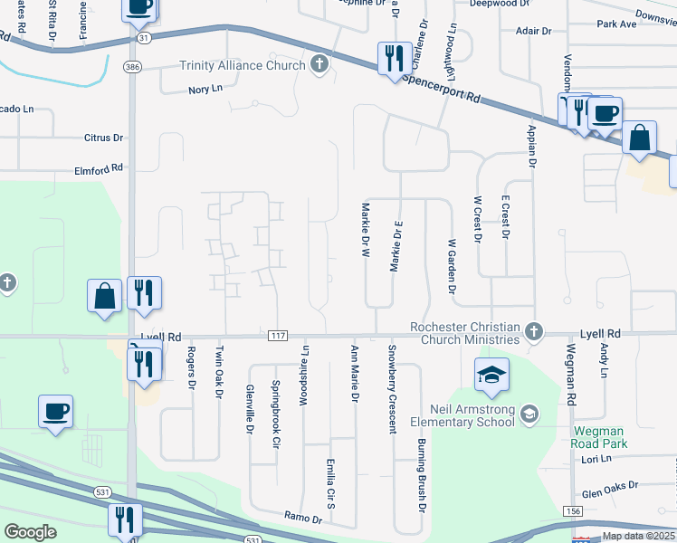 map of restaurants, bars, coffee shops, grocery stores, and more near 121 Green Tree Lane in Gates-North Gates