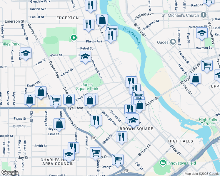 map of restaurants, bars, coffee shops, grocery stores, and more near 31 Jones Avenue in Rochester