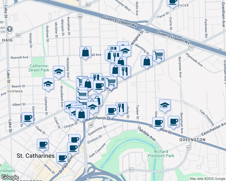 map of restaurants, bars, coffee shops, grocery stores, and more near 86 Niagara Street in St. Catharines