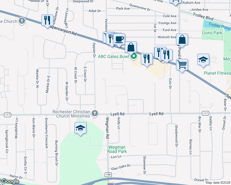map of restaurants, bars, coffee shops, grocery stores, and more near 18 Charter Circle in Rochester