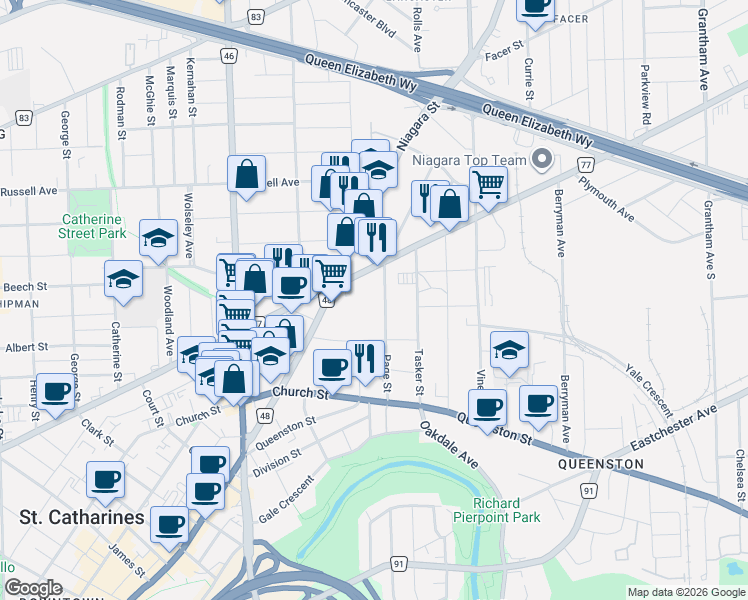 map of restaurants, bars, coffee shops, grocery stores, and more near 244 Welland Avenue in St. Catharines