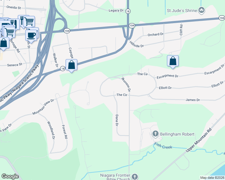map of restaurants, bars, coffee shops, grocery stores, and more near 723 The Cir in Lewiston