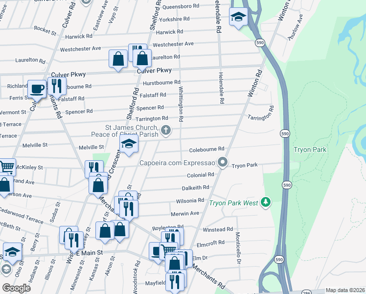 map of restaurants, bars, coffee shops, grocery stores, and more near 99 Whittington Road in Rochester