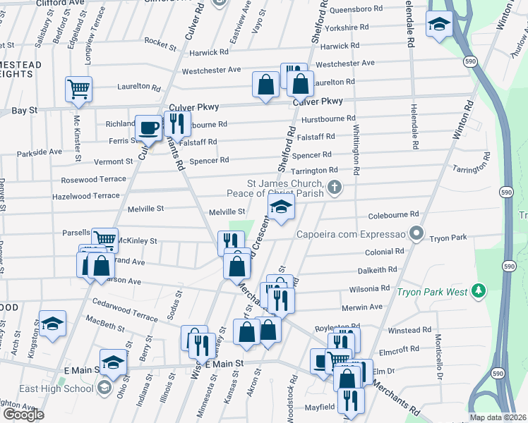 map of restaurants, bars, coffee shops, grocery stores, and more near 5 Brett Road in Irondequoit