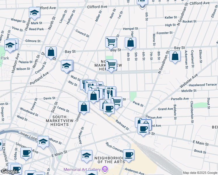 map of restaurants, bars, coffee shops, grocery stores, and more near 30 1st Street in Rochester