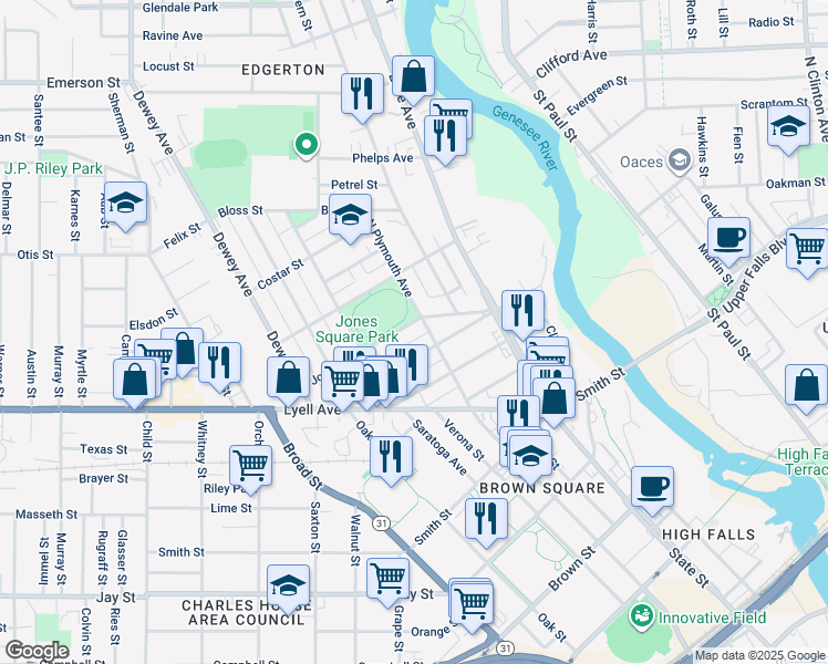 map of restaurants, bars, coffee shops, grocery stores, and more near 31 Jones Avenue in Rochester