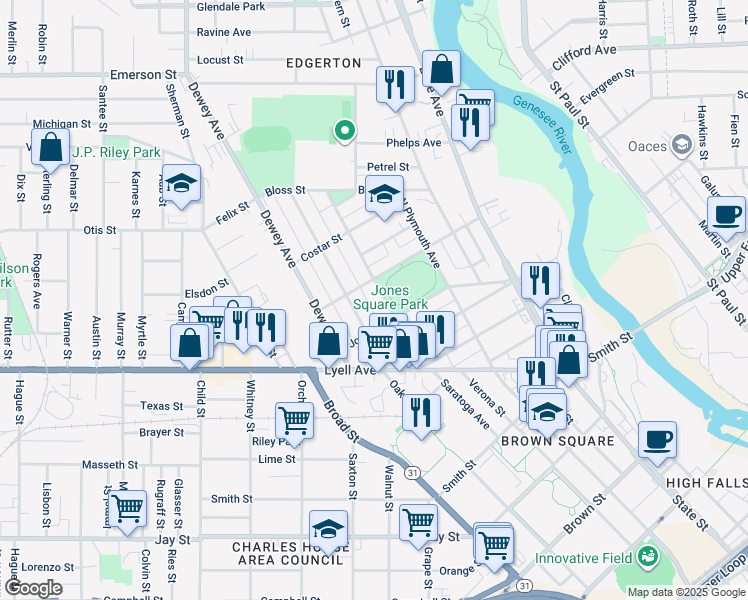 map of restaurants, bars, coffee shops, grocery stores, and more near 170 Saratoga Avenue in Rochester