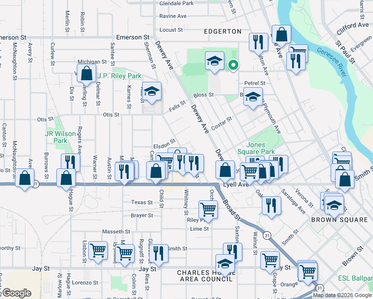 map of restaurants, bars, coffee shops, grocery stores, and more near 115 Sherman Street in Rochester