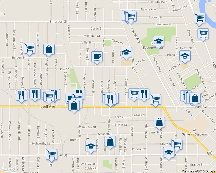 map of restaurants, bars, coffee shops, grocery stores, and more near 38 Austin Street in Rochester