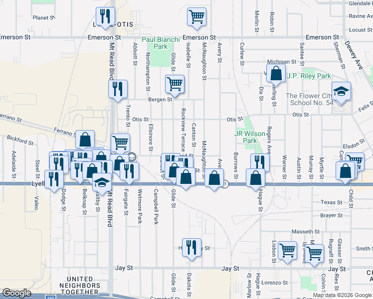 map of restaurants, bars, coffee shops, grocery stores, and more near 107 Rockview Terrace in Rochester