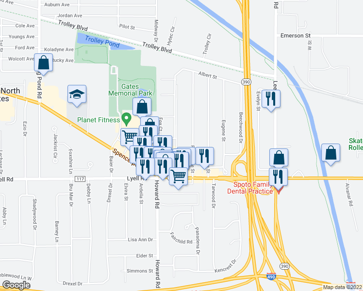 map of restaurants, bars, coffee shops, grocery stores, and more near 12 Cornelia Drive in Rochester