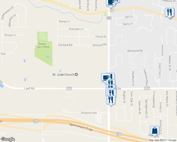 map of restaurants, bars, coffee shops, grocery stores, and more near 3990 Lyell Road in Rochester