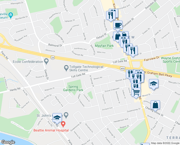 map of restaurants, bars, coffee shops, grocery stores, and more near 66 Toll Gate Road in Brantford