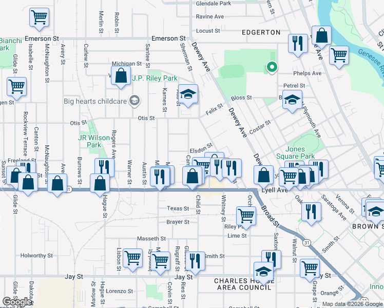 map of restaurants, bars, coffee shops, grocery stores, and more near 115 Cameron Street in Rochester
