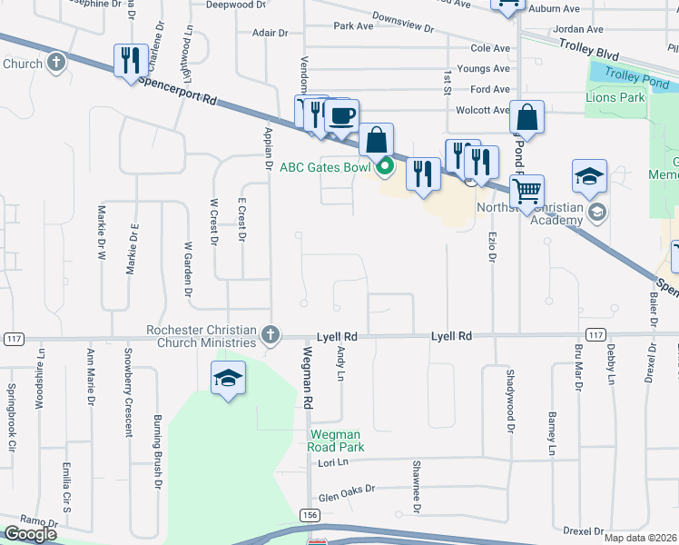 map of restaurants, bars, coffee shops, grocery stores, and more near 18 Charter Circle in Rochester