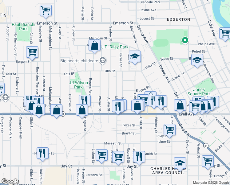 map of restaurants, bars, coffee shops, grocery stores, and more near 38 Austin Street in Rochester