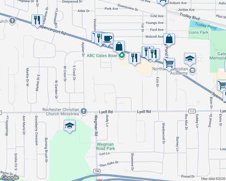 map of restaurants, bars, coffee shops, grocery stores, and more near 2 Charter Circle in Rochester