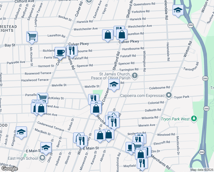 map of restaurants, bars, coffee shops, grocery stores, and more near 5 Brett Road in Irondequoit