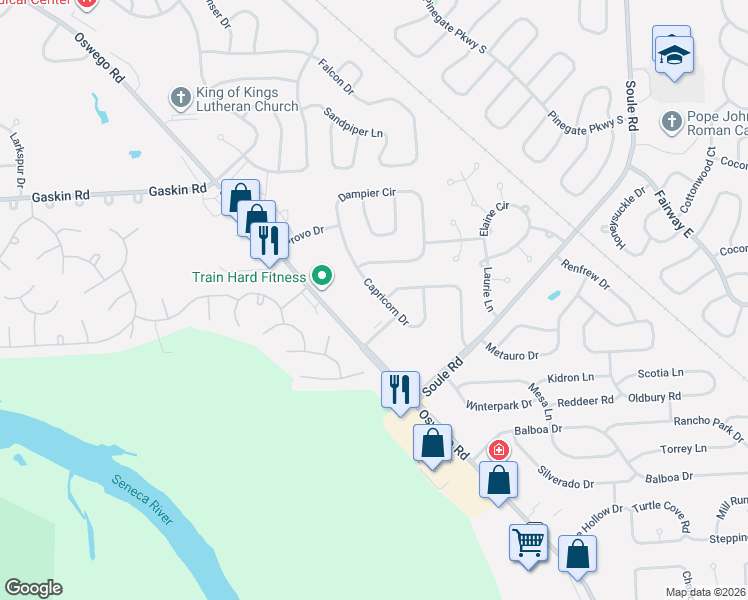 map of restaurants, bars, coffee shops, grocery stores, and more near 8187 Capricorn Drive in Liverpool