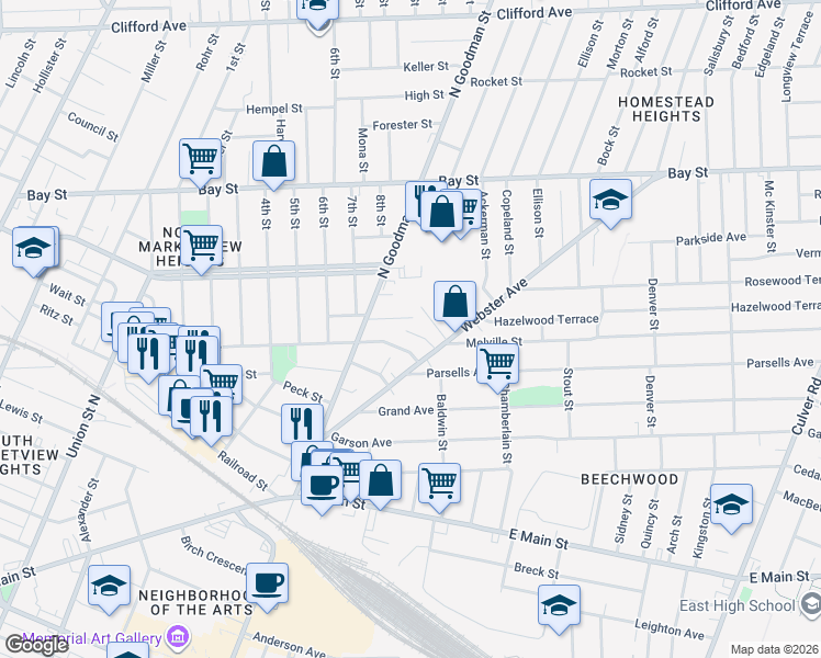 map of restaurants, bars, coffee shops, grocery stores, and more near 32 Webster Crescent in Rochester